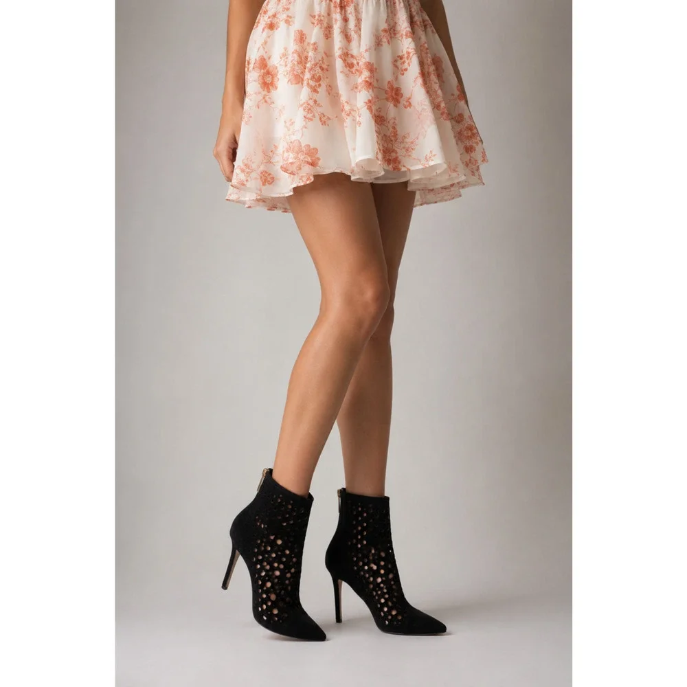 Tamara Mellon 7.5 Laser Cut Italian Suede Ankle Boots $895 Polka Dot Heels Black